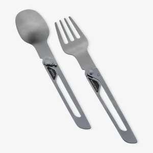 Set 2 couverts pliants 900, fourchette + cuillère, en acier inox pour le camping